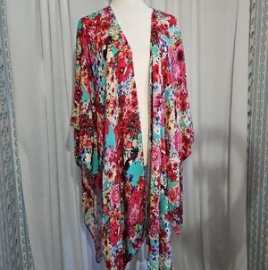 3 For $13! - Umgee Floral Turquoise, Pink & Red Open-Front Kimono - Size M/L